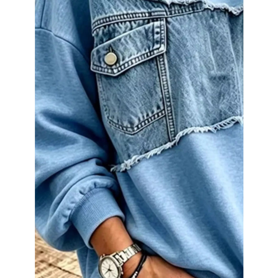 Full Size Denim Patchwork Dropped Shoulder Sweatshirt Plus Size Apparel and Accessories