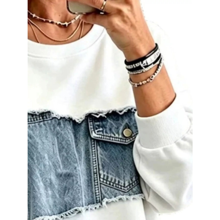 Full Size Denim Patchwork Dropped Shoulder Sweatshirt Plus Size Apparel and Accessories