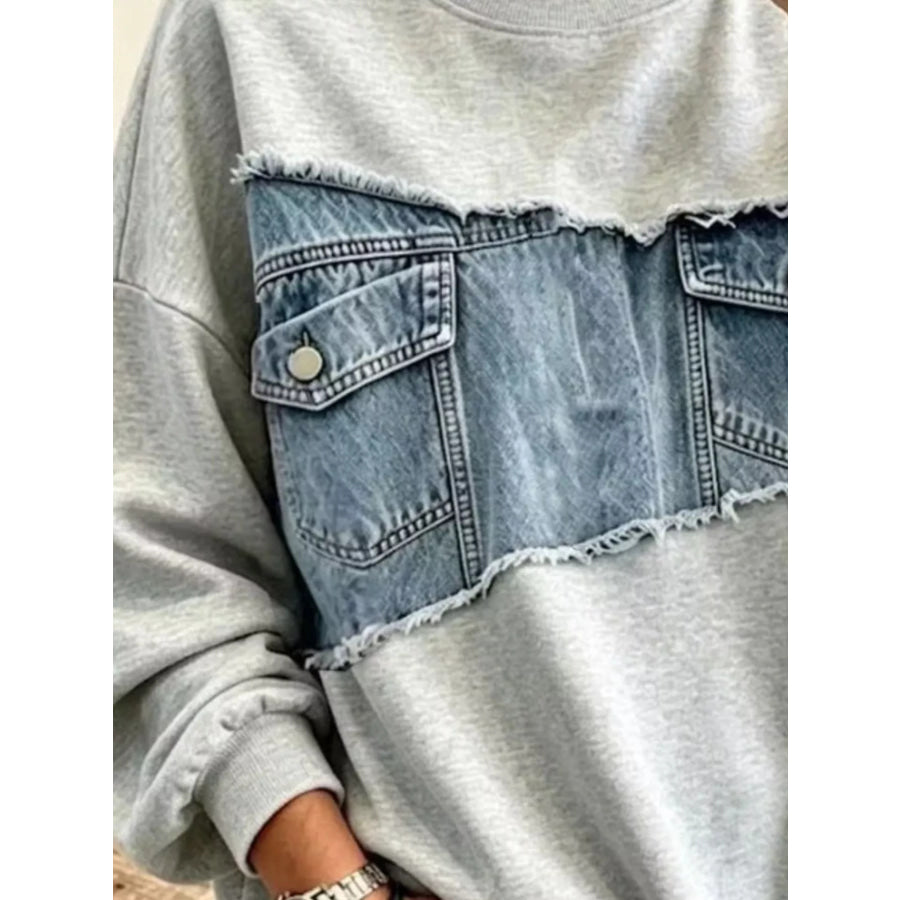 Full Size Denim Patchwork Dropped Shoulder Sweatshirt Plus Size Apparel and Accessories