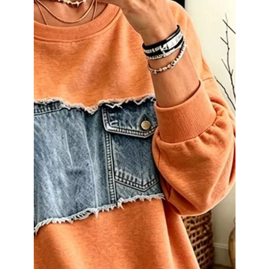 Full Size Denim Patchwork Dropped Shoulder Sweatshirt Plus Size Apparel and Accessories
