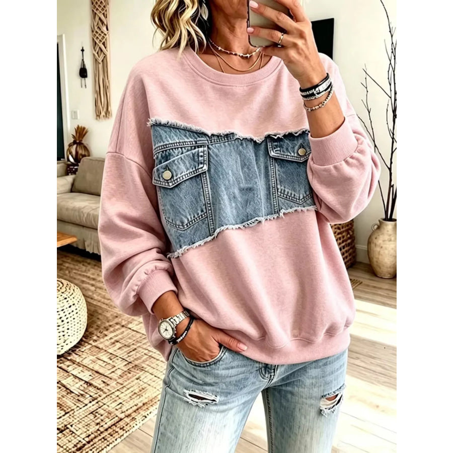 Full Size Denim Patchwork Dropped Shoulder Sweatshirt Plus Size Blush Pink / XS Apparel and Accessories