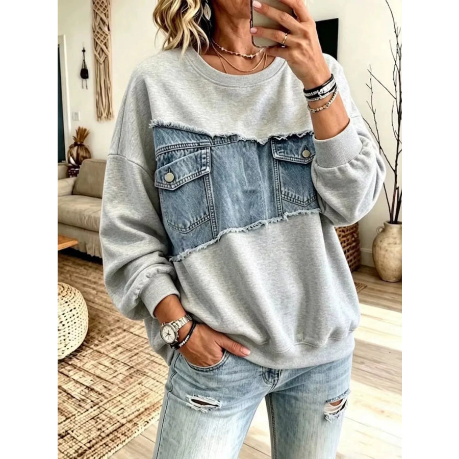 Full Size Denim Patchwork Dropped Shoulder Sweatshirt Plus Size Light Gray / XS Apparel and Accessories