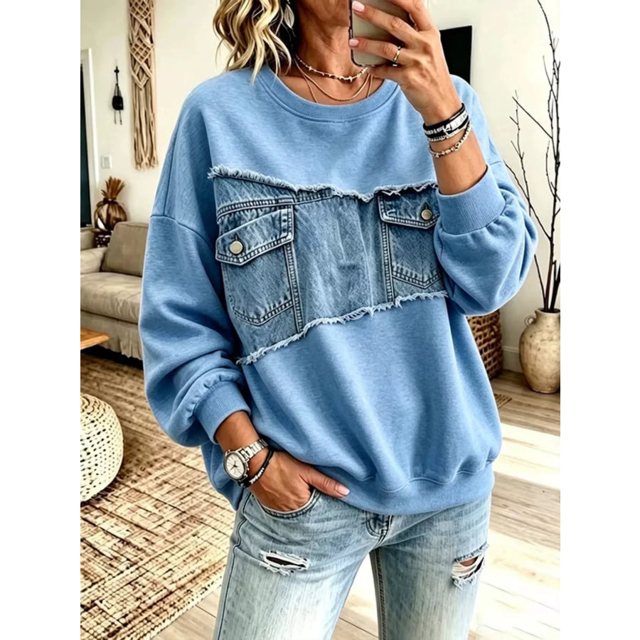 Full Size Denim Patchwork Dropped Shoulder Sweatshirt Plus Size Sky Blue / XS Apparel and Accessories