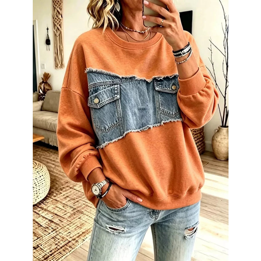 Full Size Denim Patchwork Dropped Shoulder Sweatshirt Plus Size Tangerine / XS Apparel and Accessories
