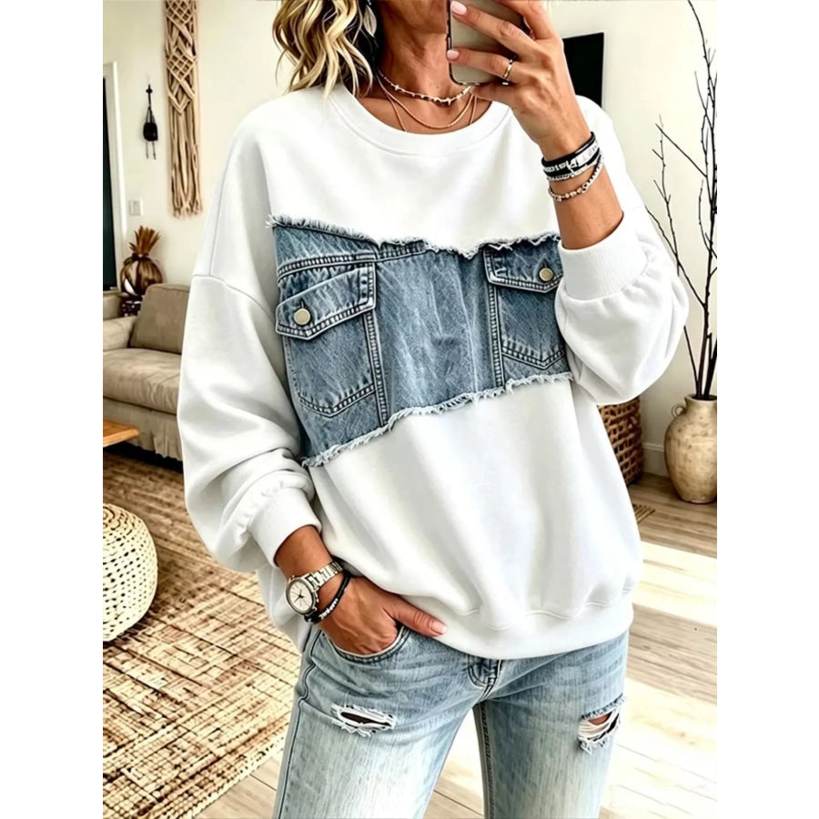 Full Size Denim Patchwork Dropped Shoulder Sweatshirt Plus Size White / XS Apparel and Accessories