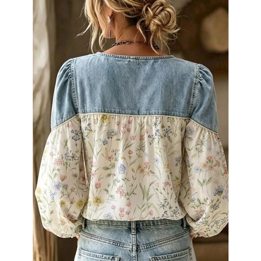 Full Size Denim Patchwork Floral Top Plus Apparel and Accessories