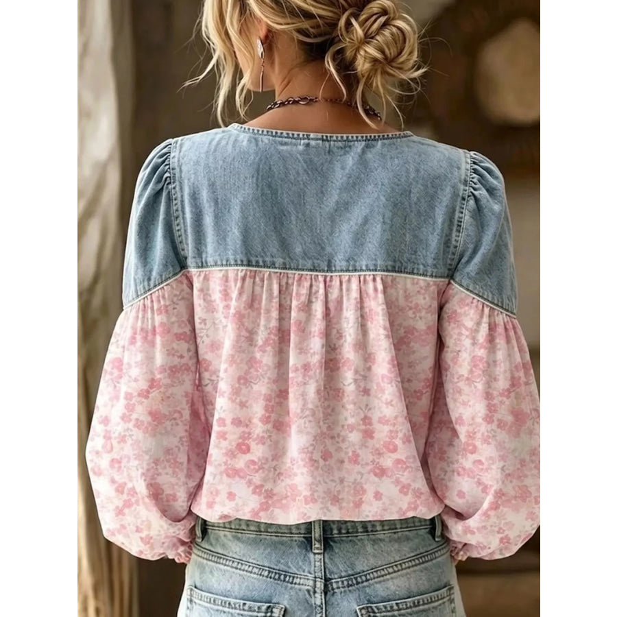 Full Size Denim Patchwork Floral Top Plus Apparel and Accessories