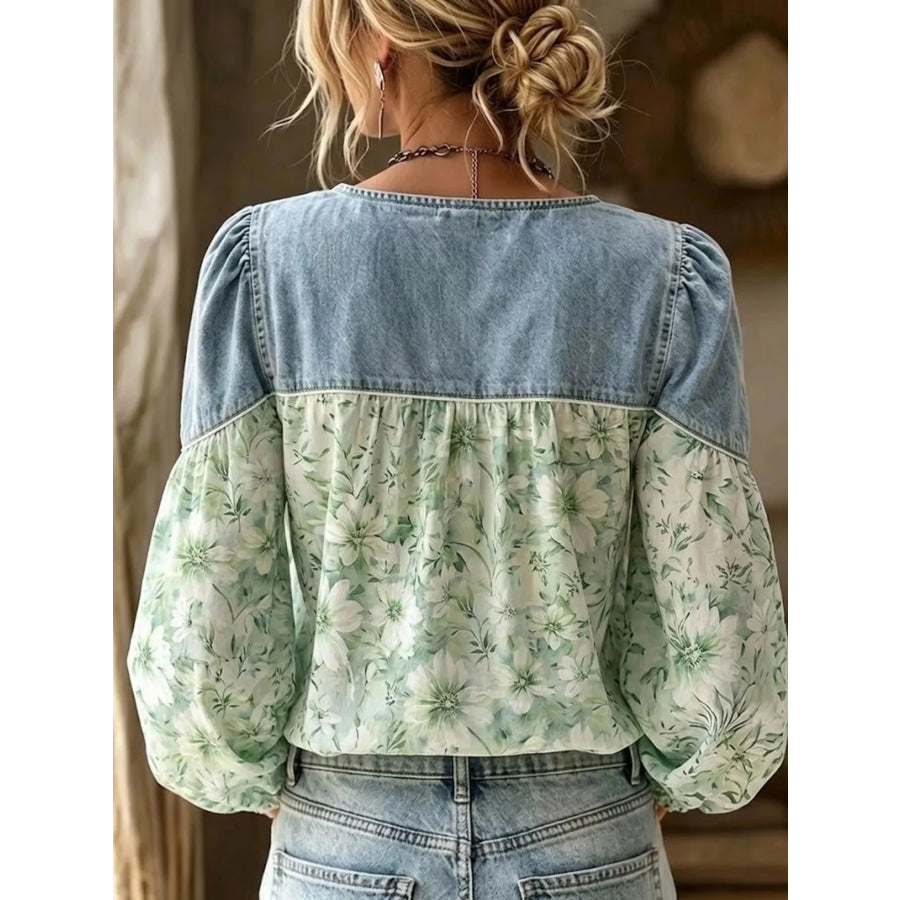 Full Size Denim Patchwork Floral Top Plus Apparel and Accessories
