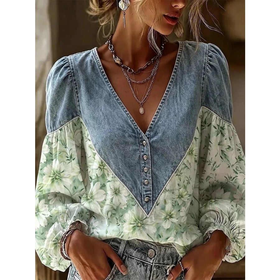 Full Size Denim Patchwork Floral Top Plus Green / S Apparel and Accessories