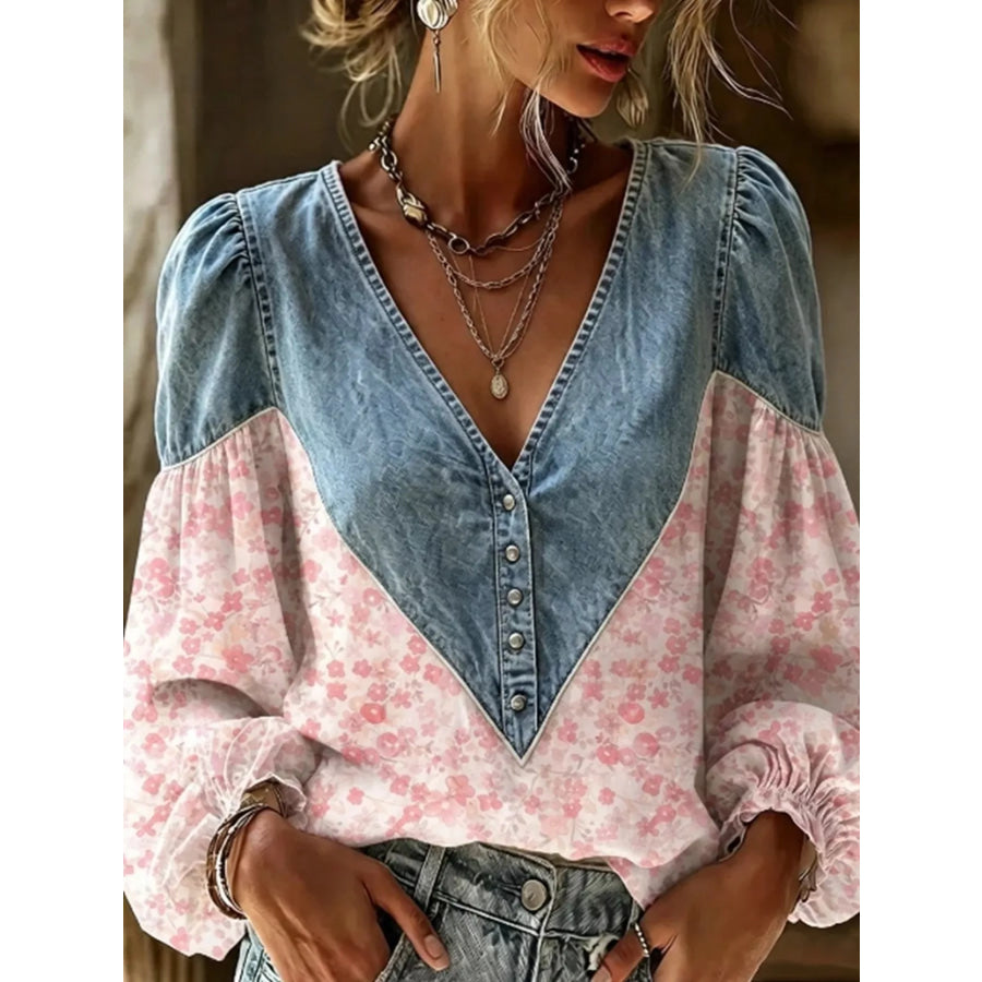 Full Size Denim Patchwork Floral Top Plus Pink / S Apparel and Accessories