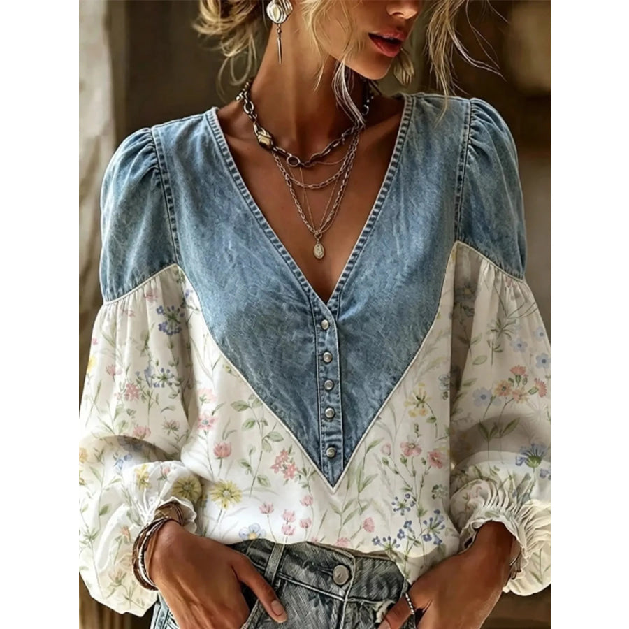 Full Size Denim Patchwork Floral Top Plus White / S Apparel and Accessories
