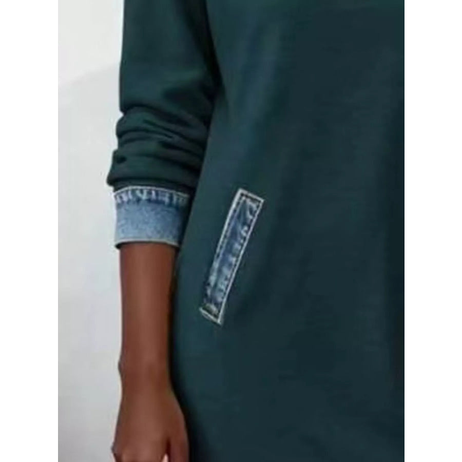 Full Size Denim Patchwork Hooded Sweatshirt Dress Plus Size Apparel and Accessories