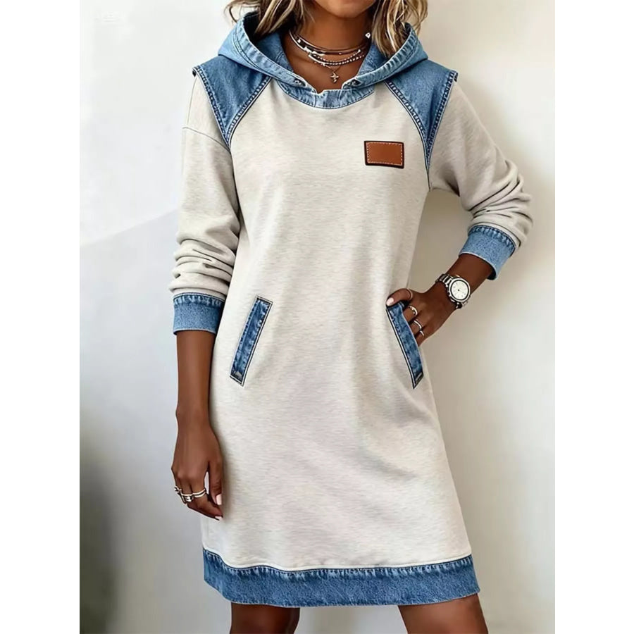 Full Size Denim Patchwork Hooded Sweatshirt Dress Plus Size Light Gray / S Apparel and Accessories