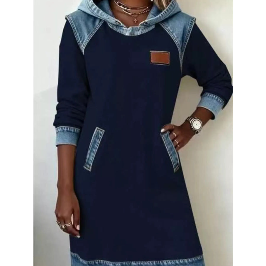 Full Size Denim Patchwork Hooded Sweatshirt Dress Plus Size Navy Blue / S Apparel and Accessories