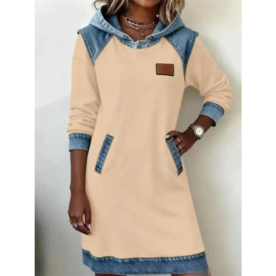 Full Size Denim Patchwork Hooded Sweatshirt Dress Plus Size Tan / S Apparel and Accessories