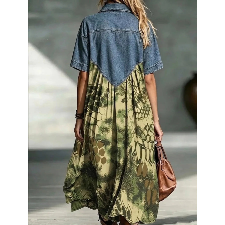 Full Size Denim Patchwork Printed Shirt Dress Plus Size Apparel and Accessories