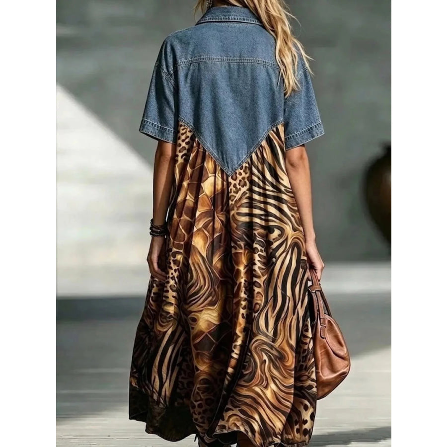Full Size Denim Patchwork Printed Shirt Dress Plus Size Apparel and Accessories