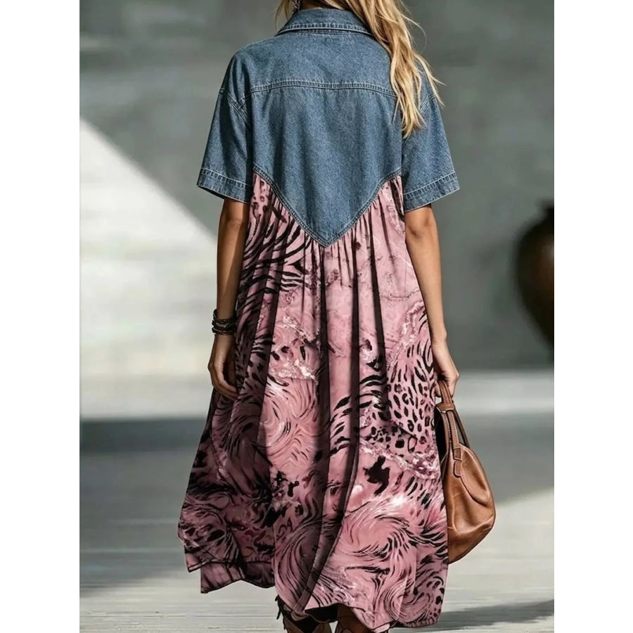 Full Size Denim Patchwork Printed Shirt Dress Plus Size Apparel and Accessories