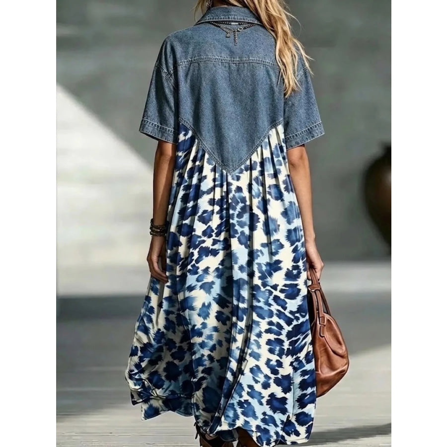 Full Size Denim Patchwork Printed Shirt Dress Plus Size Apparel and Accessories