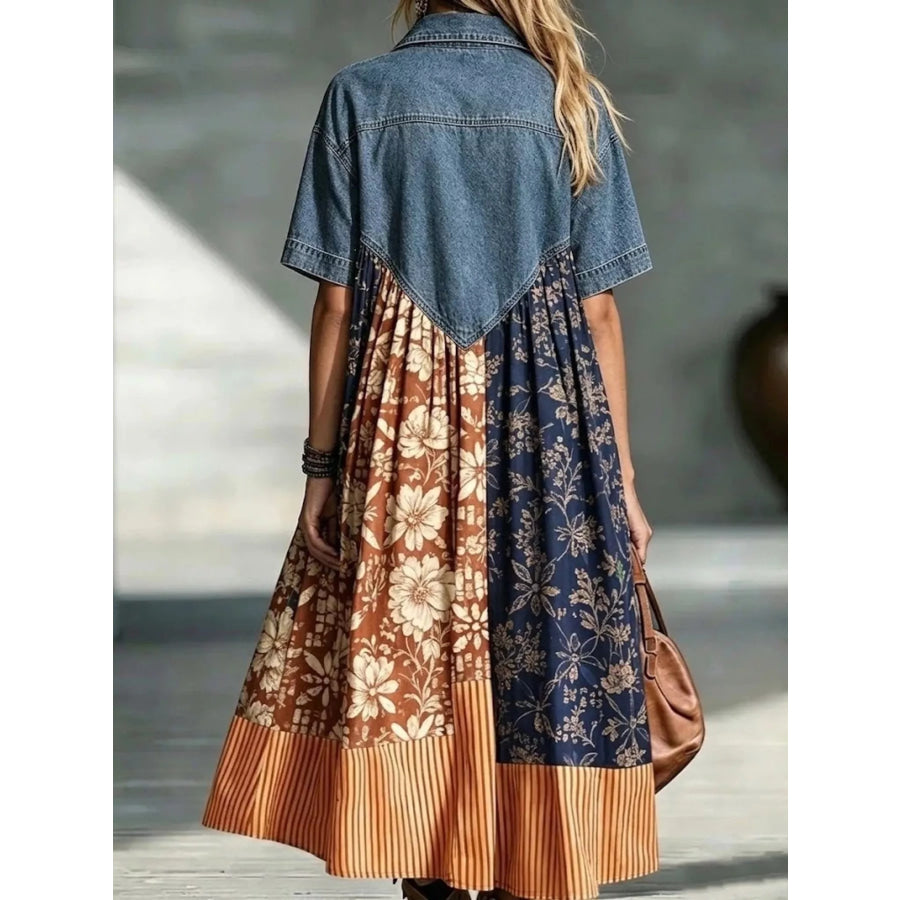 Full Size Denim Patchwork Printed Shirt Dress Plus Size Apparel and Accessories