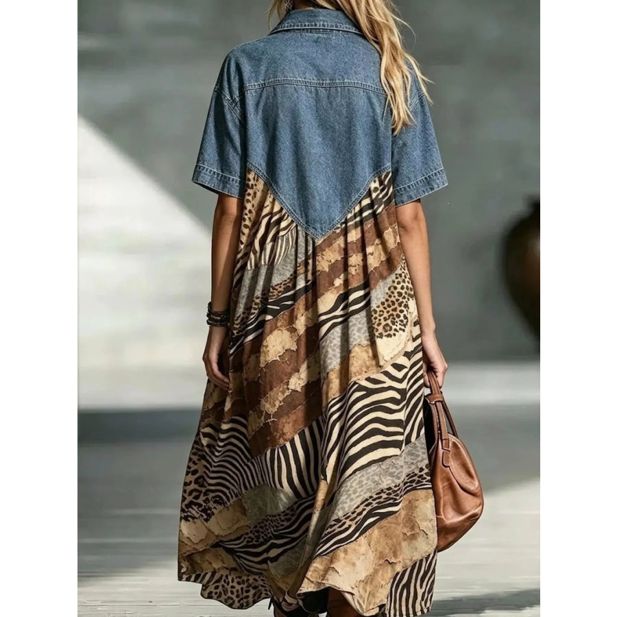 Full Size Denim Patchwork Printed Shirt Dress Plus Size Apparel and Accessories