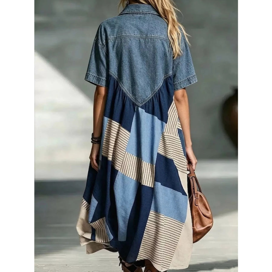 Full Size Denim Patchwork Printed Shirt Dress Plus Size Apparel and Accessories
