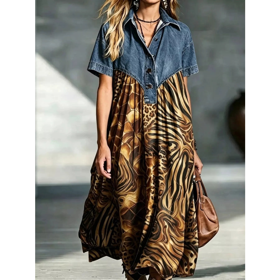 Full Size Denim Patchwork Printed Shirt Dress Plus Size Coffee Brown / S Apparel and Accessories