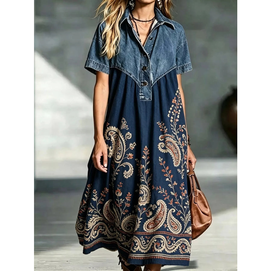 Full Size Denim Patchwork Printed Shirt Dress Plus Size Dark Blue / S Apparel and Accessories