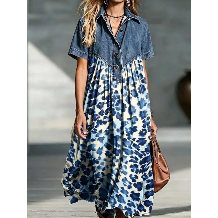 Full Size Denim Patchwork Printed Shirt Dress Plus Size Dusty Blue / S Apparel and Accessories