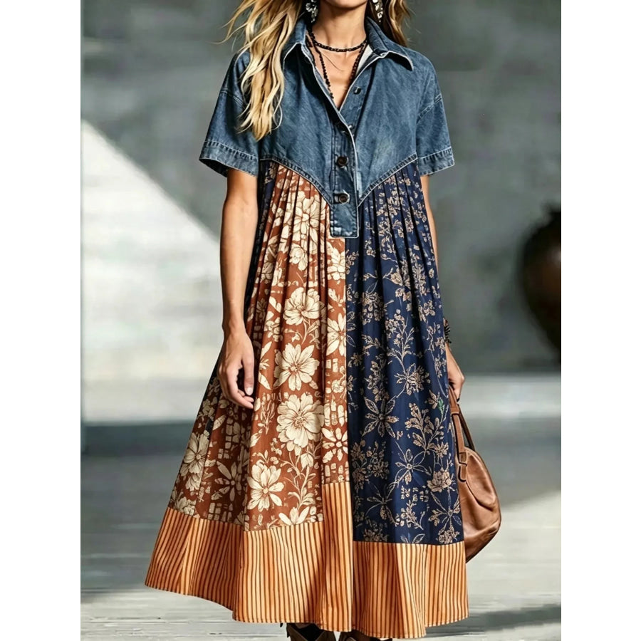 Full Size Denim Patchwork Printed Shirt Dress Plus Size Floral / S Apparel and Accessories