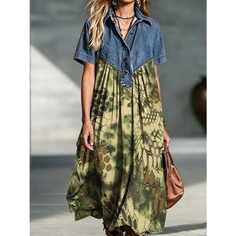 Full Size Denim Patchwork Printed Shirt Dress Plus Size Green / S Apparel and Accessories