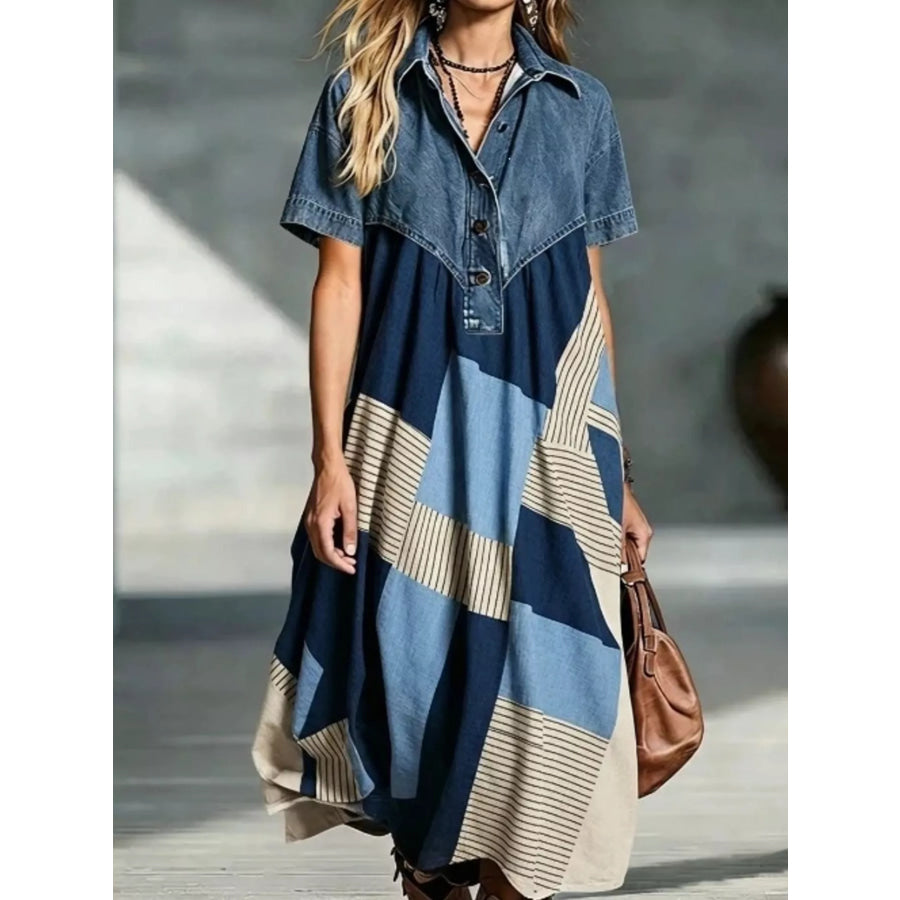 Full Size Denim Patchwork Printed Shirt Dress Plus Size Light Blue / S Apparel and Accessories