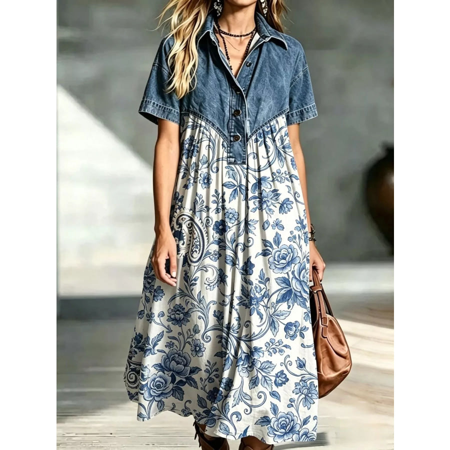 Full Size Denim Patchwork Printed Shirt Dress Plus Size Medium / S Apparel and Accessories