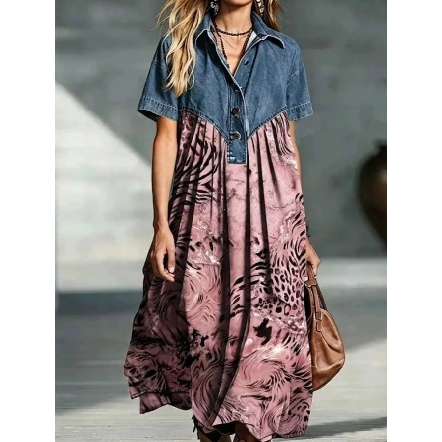 Full Size Denim Patchwork Printed Shirt Dress Plus Size Pink / S Apparel and Accessories