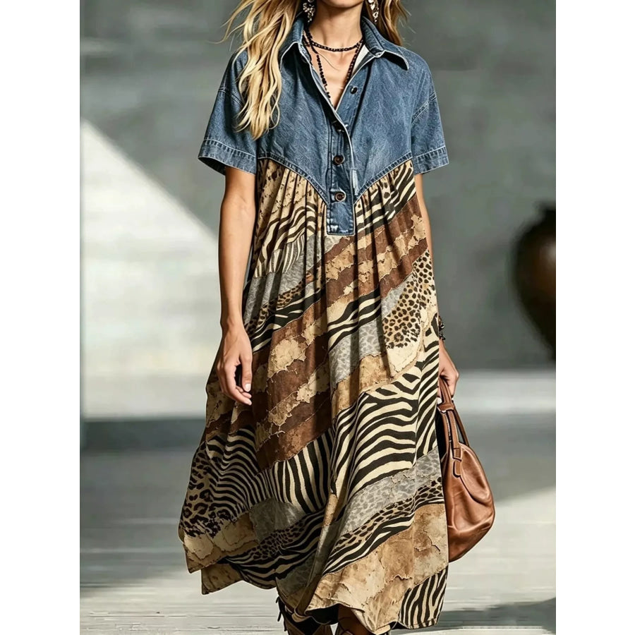 Full Size Denim Patchwork Printed Shirt Dress Plus Size Stripe / S Apparel and Accessories