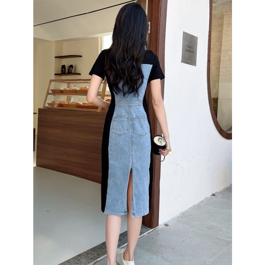 Full Size Denim Patchwork Short Sleeve Slit Back Dress Plus Size Apparel and Accessories
