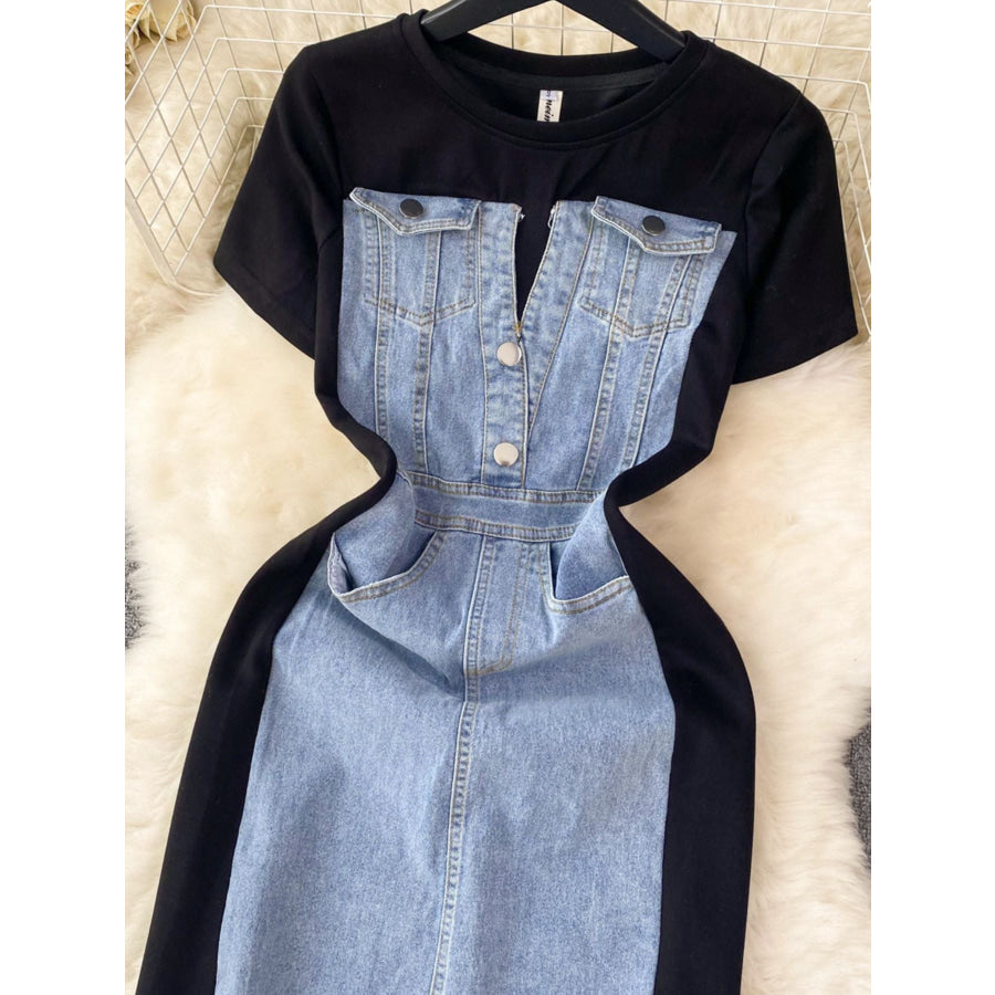Full Size Denim Patchwork Short Sleeve Slit Back Dress Plus Size Apparel and Accessories