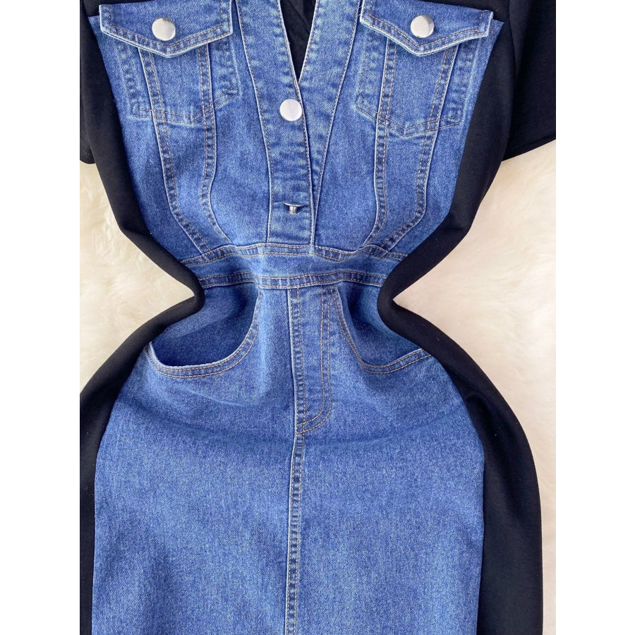 Full Size Denim Patchwork Short Sleeve Slit Back Dress Plus Size Apparel and Accessories