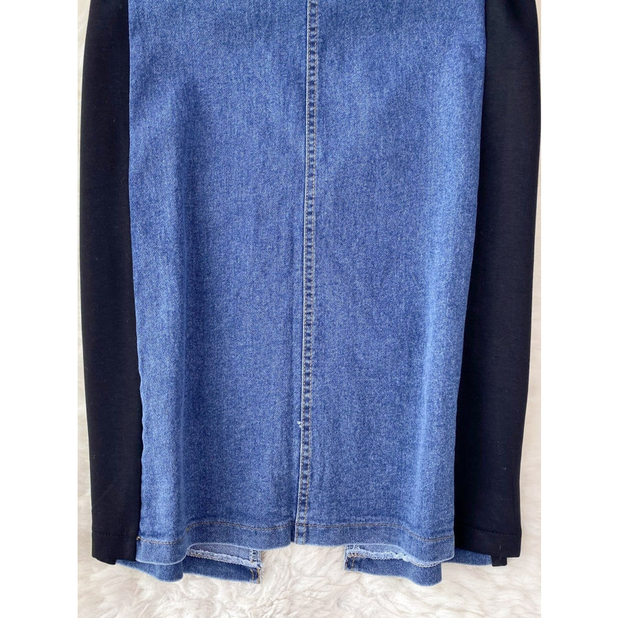 Full Size Denim Patchwork Short Sleeve Slit Back Dress Plus Size Apparel and Accessories