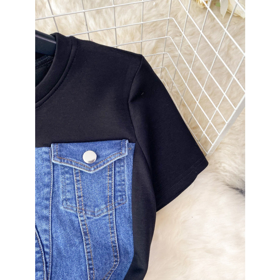 Full Size Denim Patchwork Short Sleeve Slit Back Dress Plus Size Apparel and Accessories