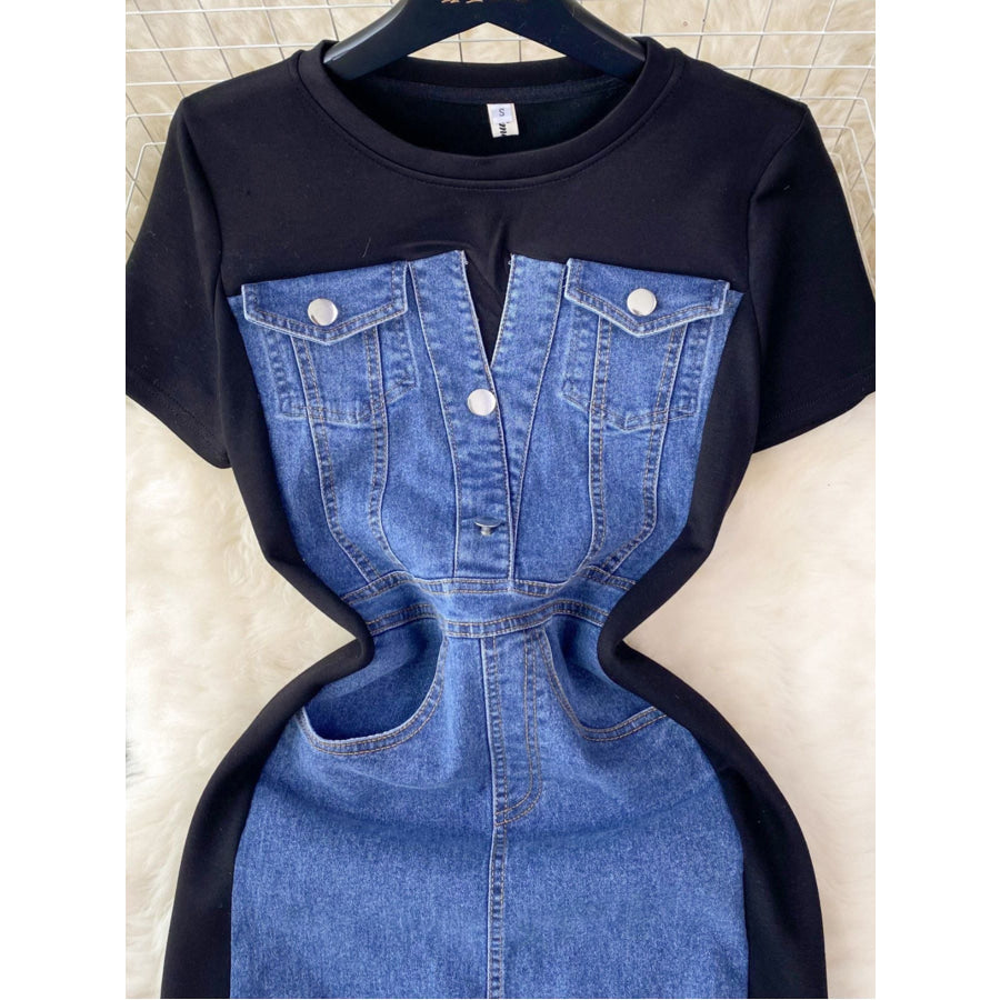 Full Size Denim Patchwork Short Sleeve Slit Back Dress Plus Size Apparel and Accessories
