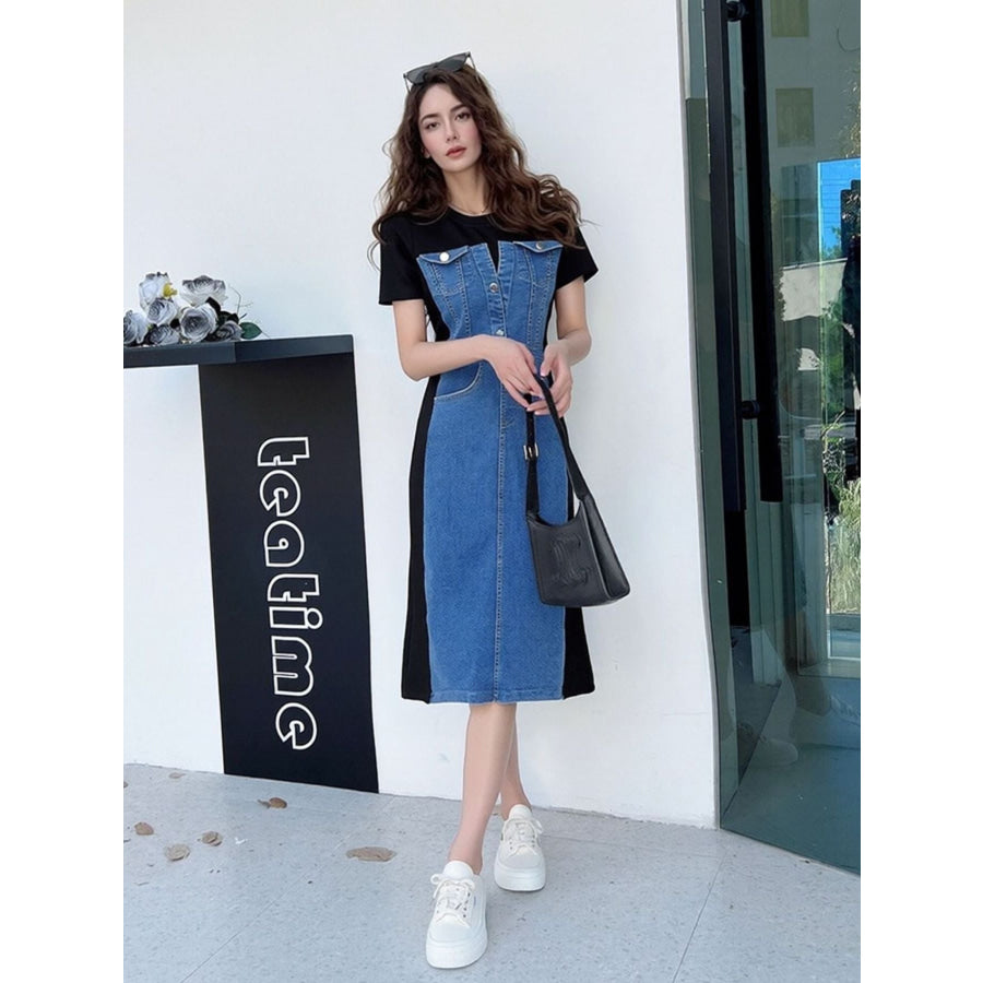 Full Size Denim Patchwork Short Sleeve Slit Back Dress Plus Size Dark Blue / S Apparel and Accessories
