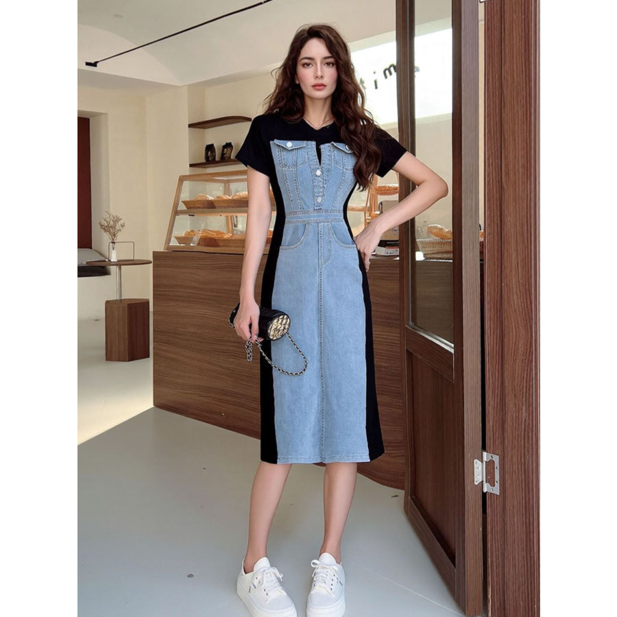 Full Size Denim Patchwork Short Sleeve Slit Back Dress Plus Size Sky Blue / S Apparel and Accessories