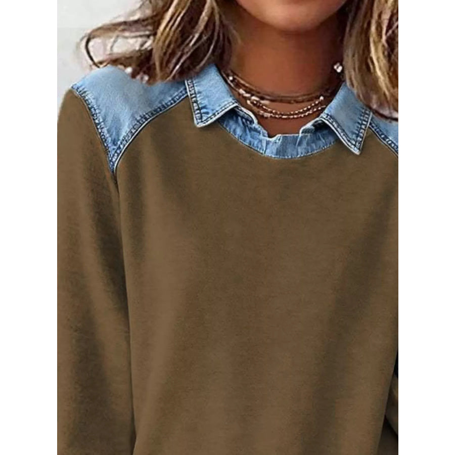 Full Size Denim Trim Long Sleeve Top Plus Size Apparel and Accessories