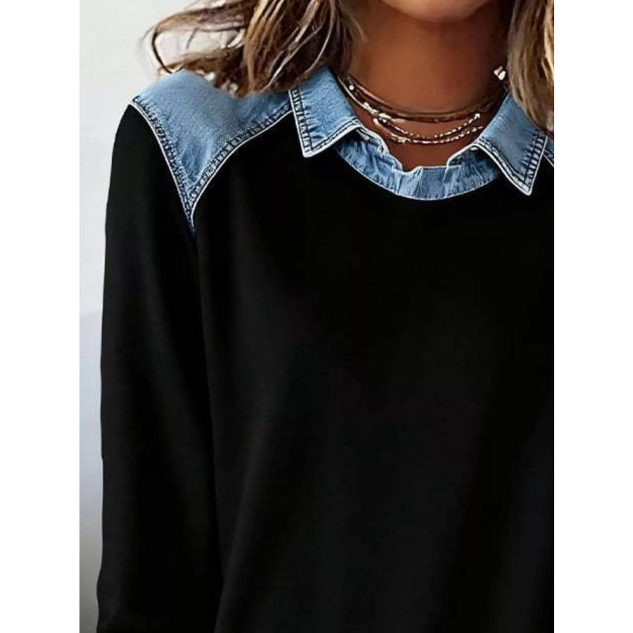 Full Size Denim Trim Long Sleeve Top Plus Size Apparel and Accessories