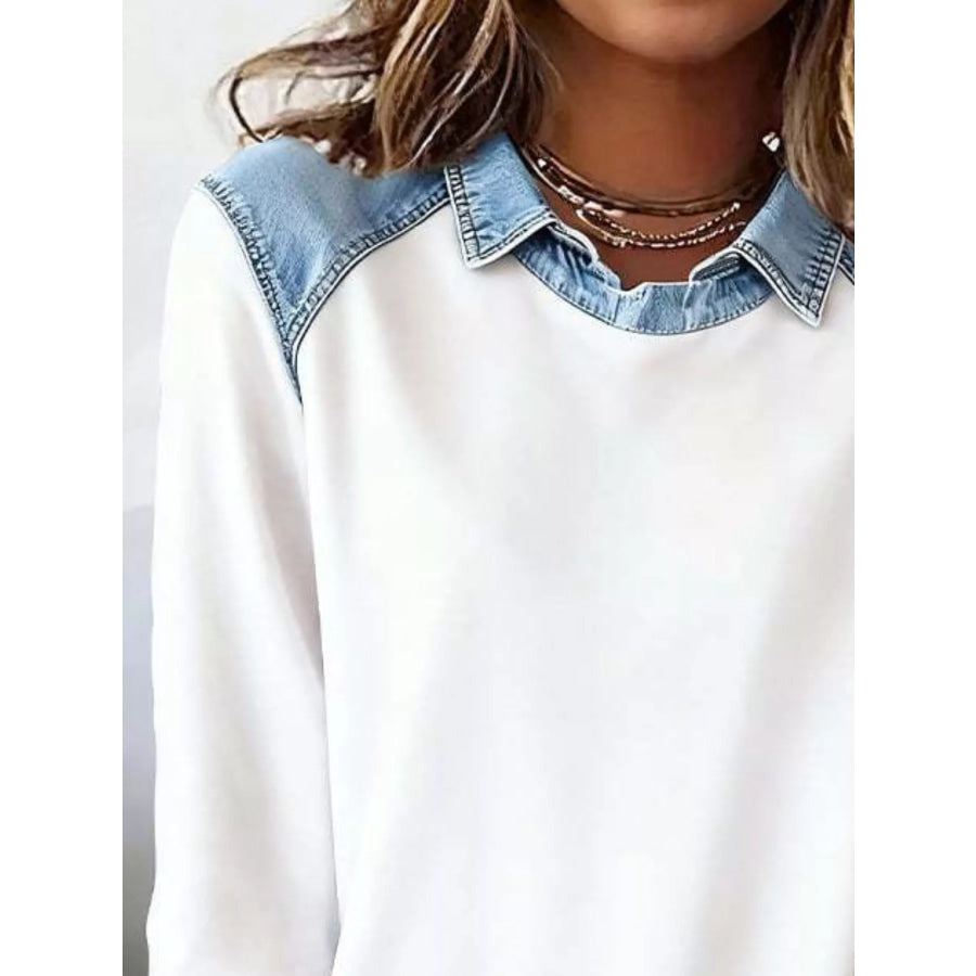 Full Size Denim Trim Long Sleeve Top Plus Size Apparel and Accessories