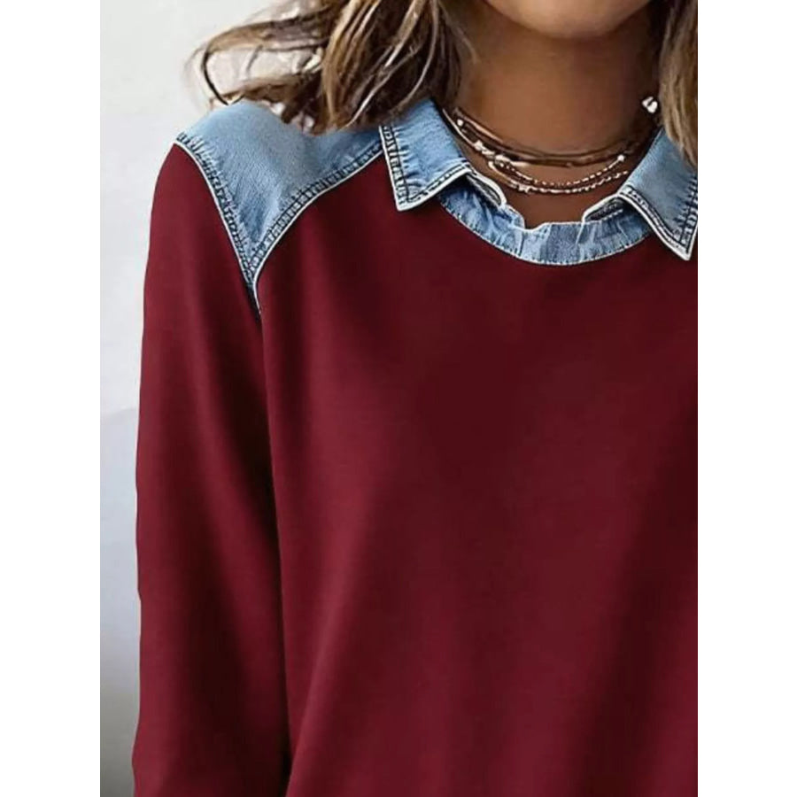Full Size Denim Trim Long Sleeve Top Plus Size Apparel and Accessories