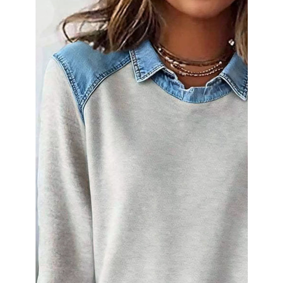 Full Size Denim Trim Long Sleeve Top Plus Size Apparel and Accessories