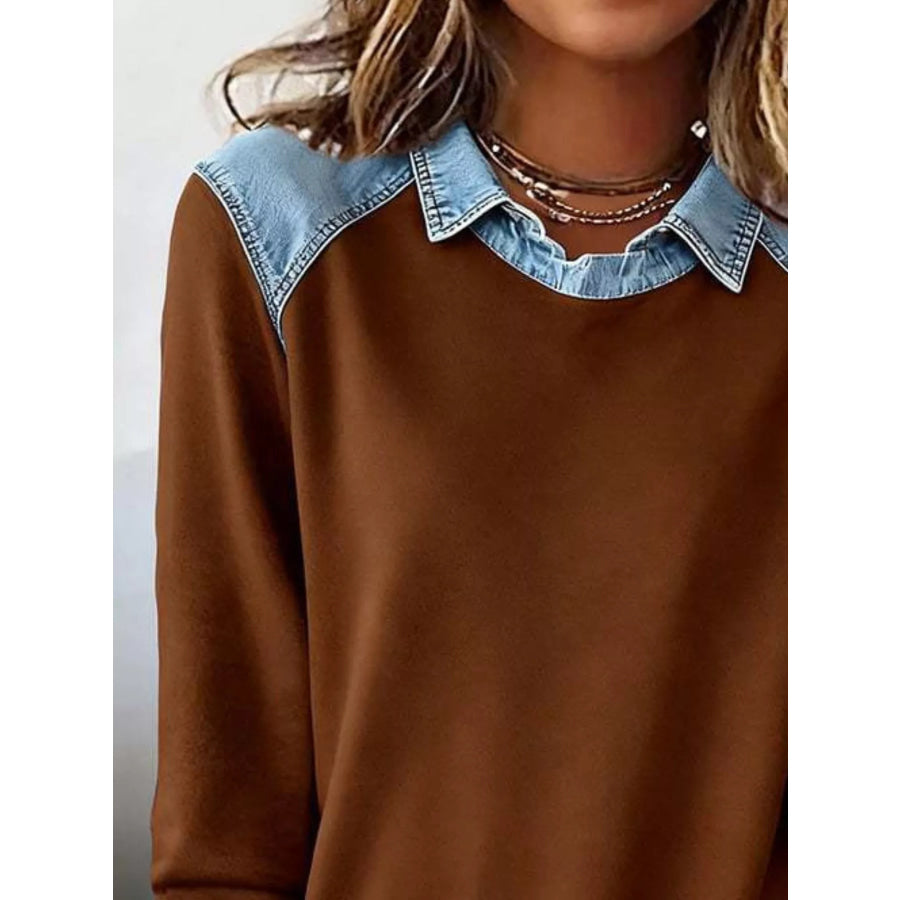 Full Size Denim Trim Long Sleeve Top Plus Size Apparel and Accessories