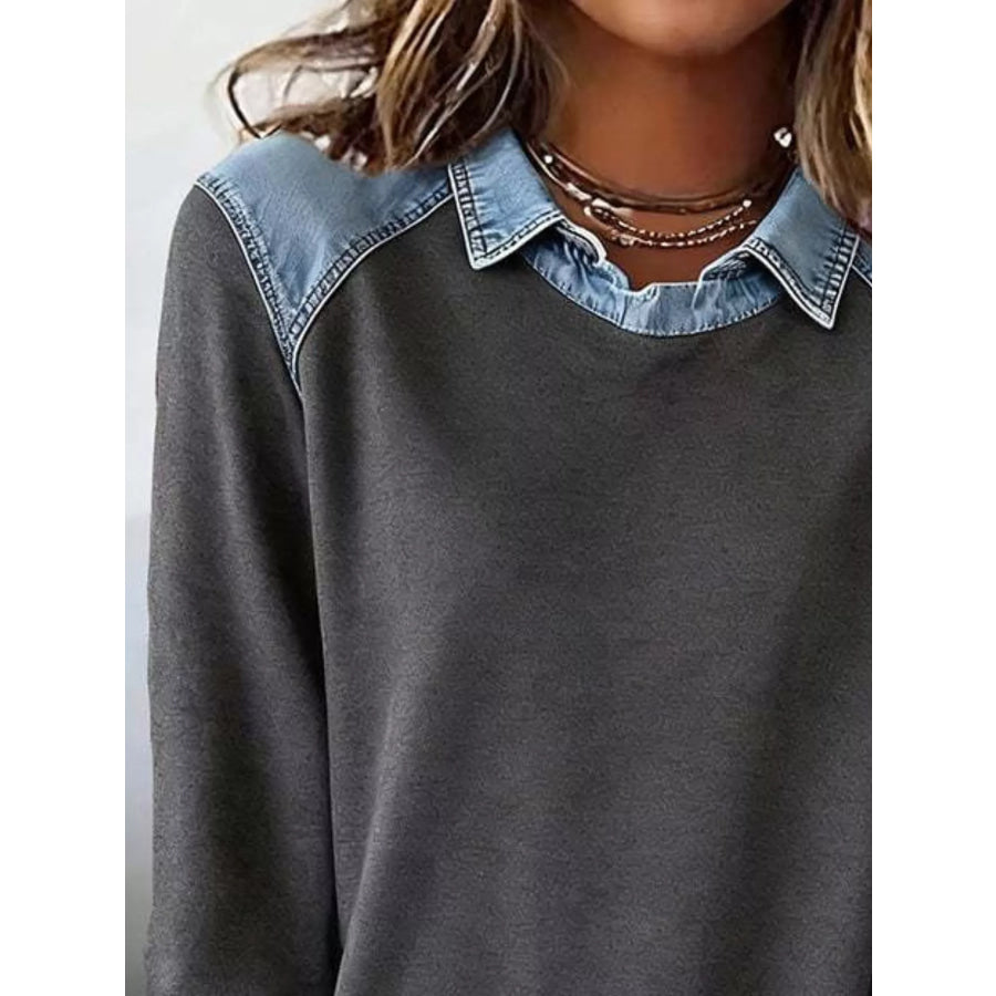 Full Size Denim Trim Long Sleeve Top Plus Size Apparel and Accessories